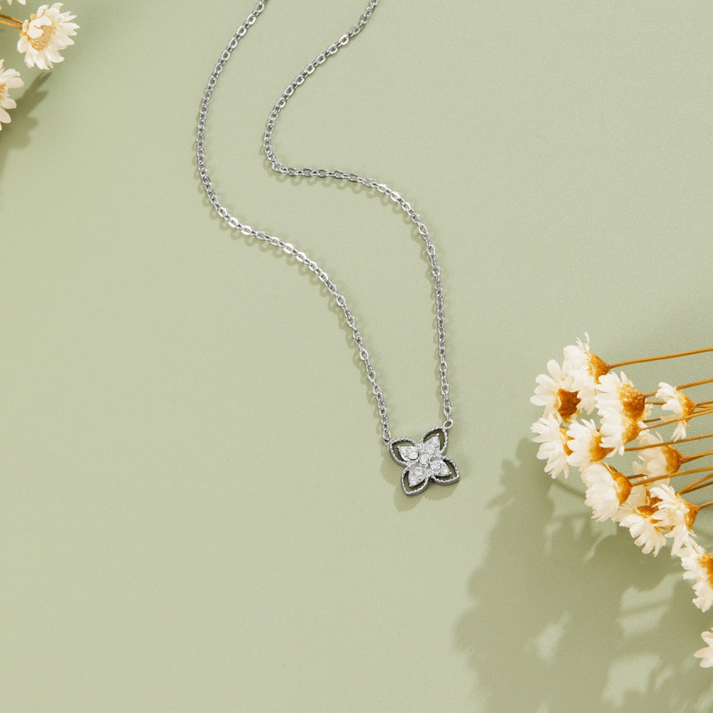 Silver Four Leaf Crystal Necklace