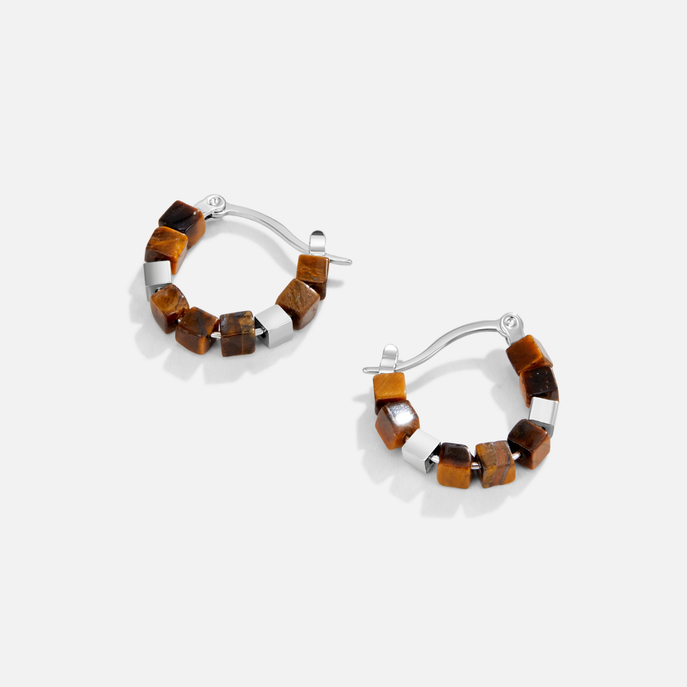 Silver Tiger Eye Cube Hoop Earrings