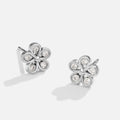 Five Petal Bloom Silver Earrings, pair of flower stud earrings on a plain light background, with clear stones in each petal