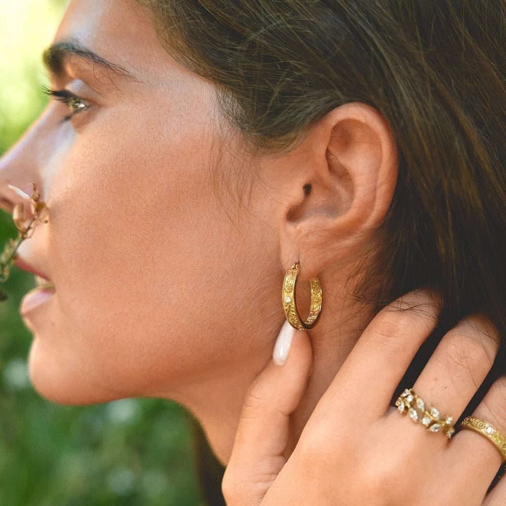 Golden Sculpted Flower Hoop Earrings - Beautiful Earth Boutique